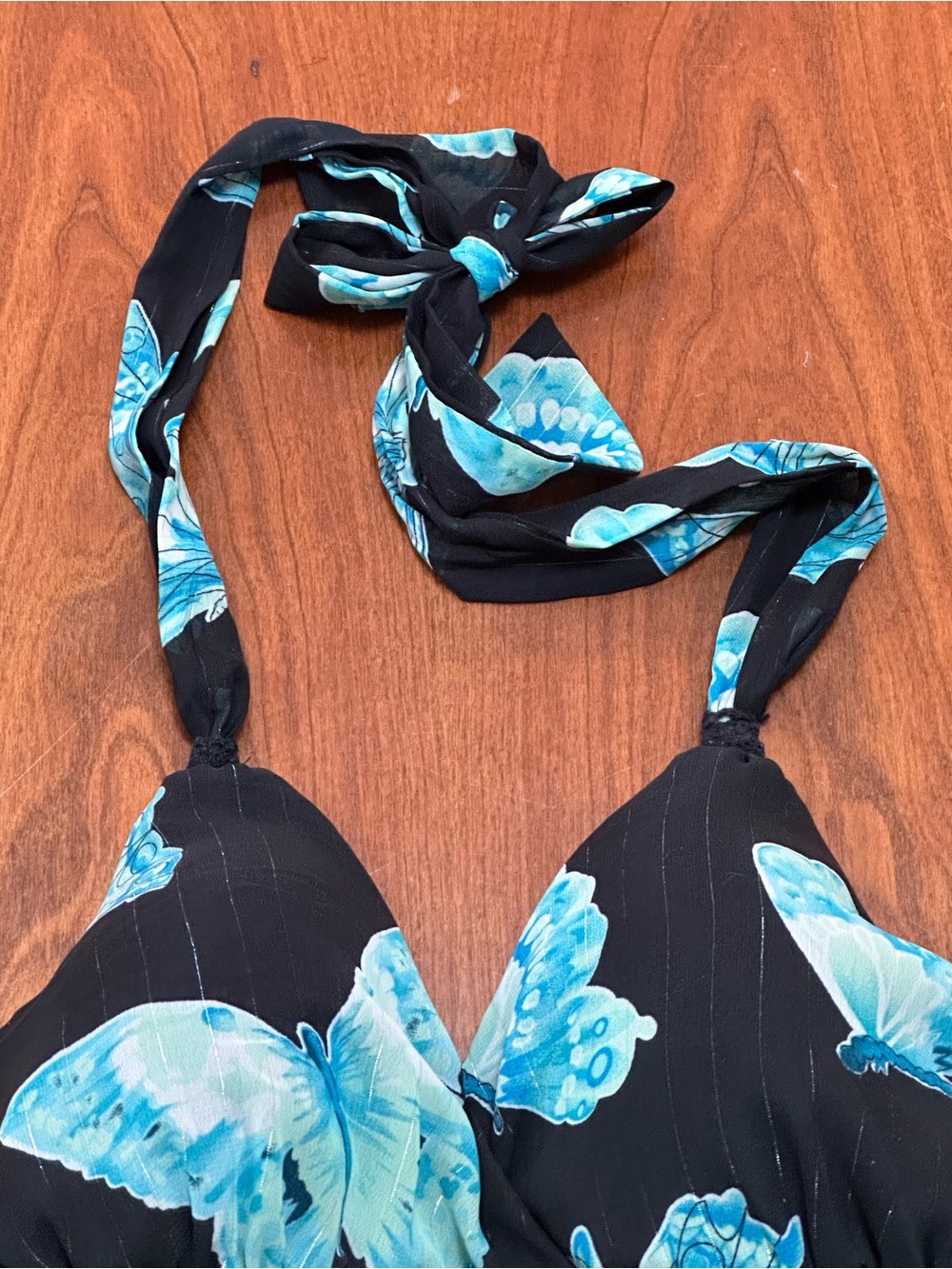 Jordache Butterfly Halter Top Juniors L Black Blue Y2K Handkerchief Hem - Picture 5 of 6